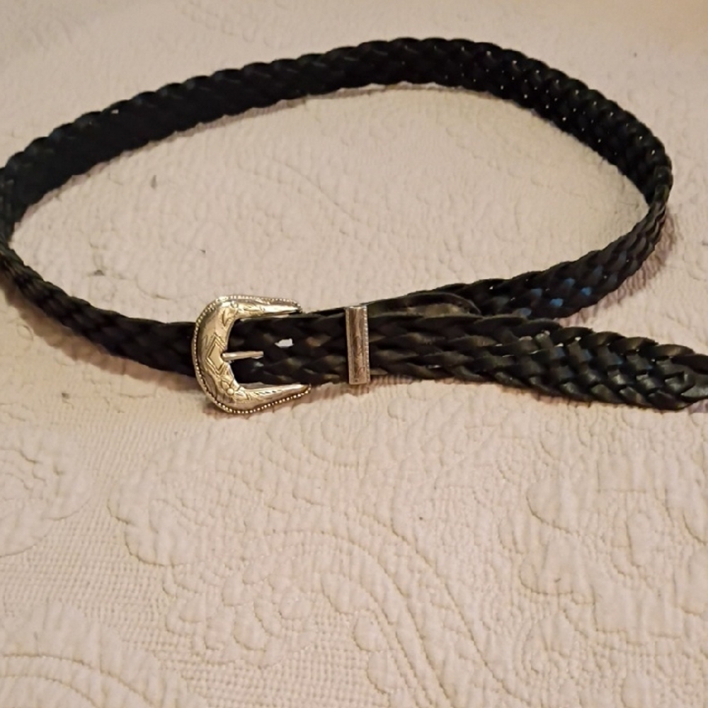 Women's Belt Black Braided Genuine Leather NWOT Silver Decorative Buckle